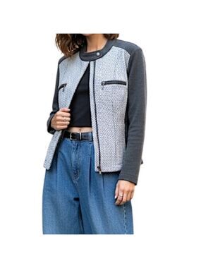 OLSEN fitted grey white geometric knit moto biker style stretch jacket 8 S/M